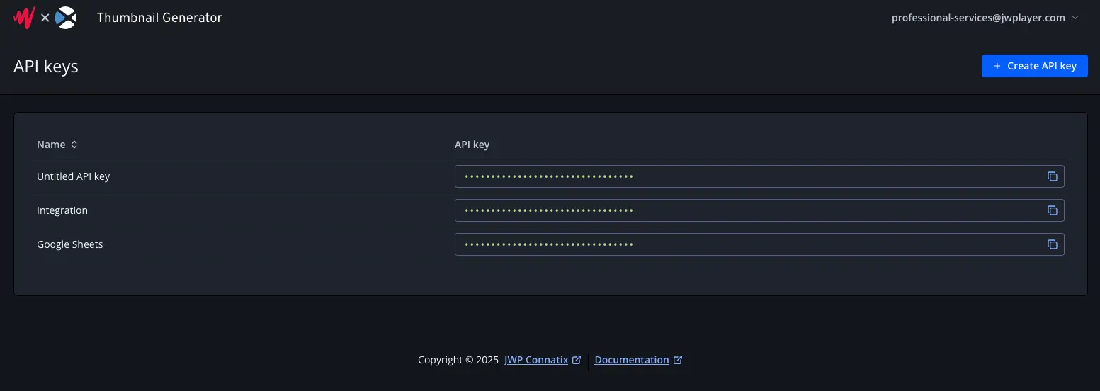 Screenshot of the API keys page